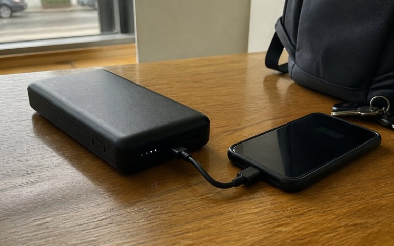 Große Powerbank lädt ein Smartphone