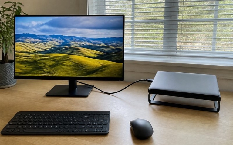 Monitor mit USB-C-Kabel am Notebook