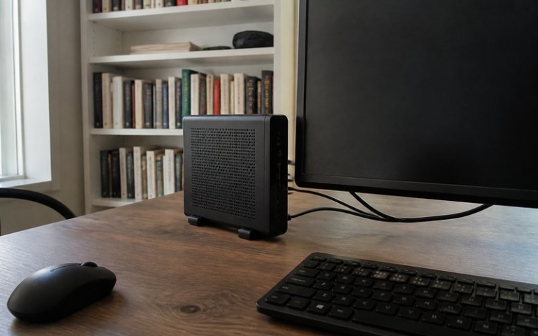 Mini-PC neben dem Monitor auf dem Schreibtisch