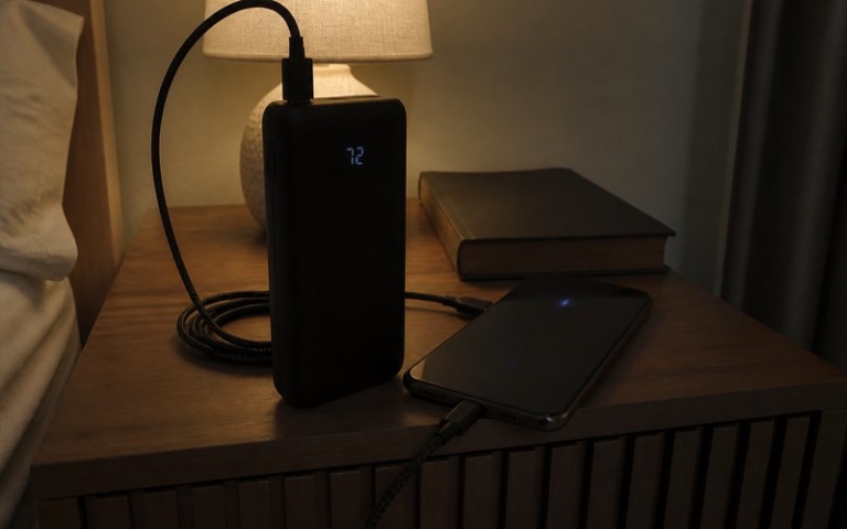 Powerbank mit Ladeanzeige auf dem Nachttisch