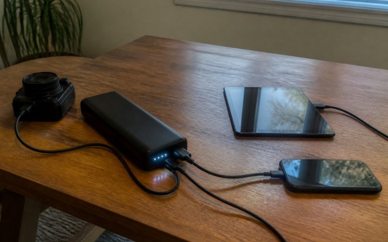Sehr große Powerbank mit mehreren Kabeln